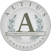 Silver logo of altius construction featuring a large letter "a" with olive branches and the slogan "ad astra per aspera" around the edges.
